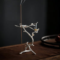 Handmade Pewter Magpie on Plum Blossom Incense Holder