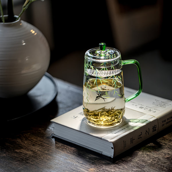 Willow-Swallow Design Glass Tea Cup with Lid